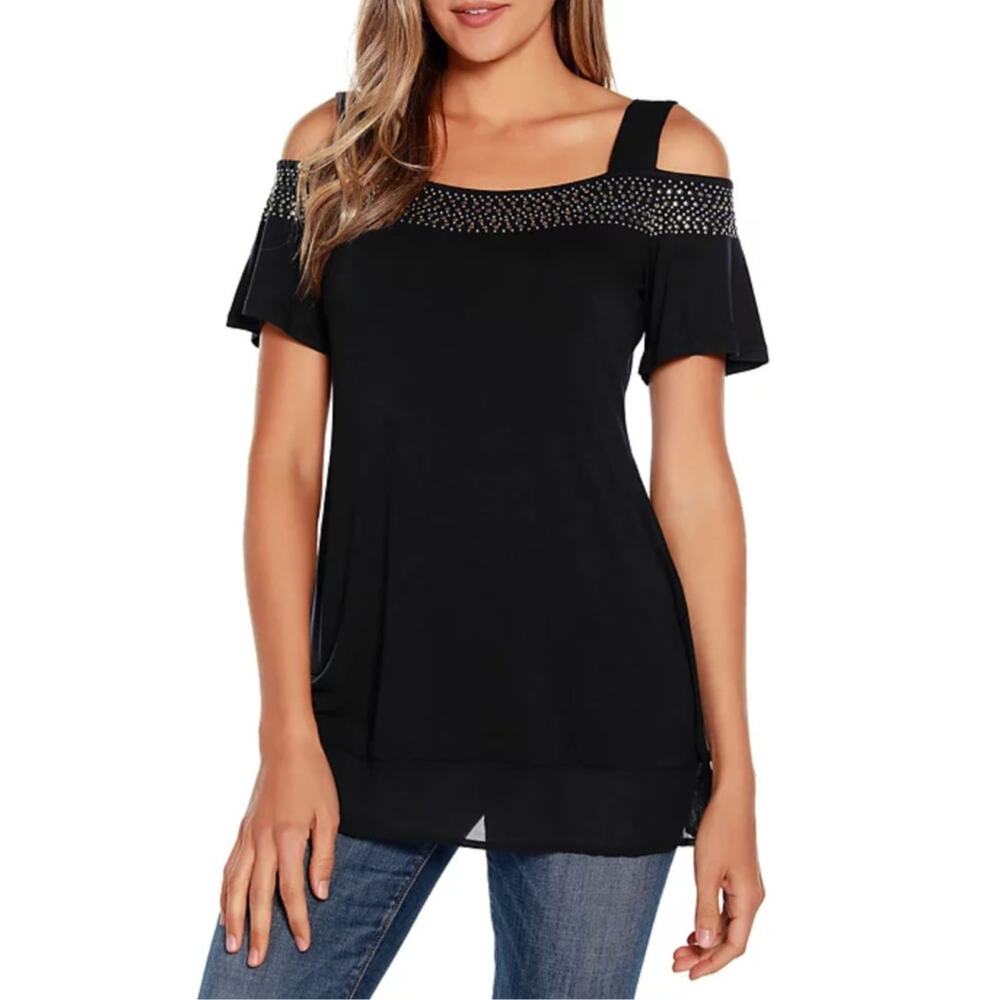 Belldini Women's Embellished Cold-Shoulder Square Neck Top M